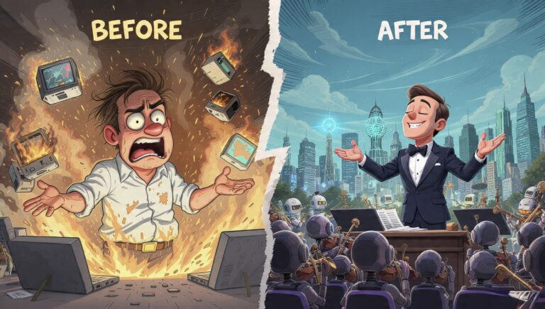 Comparación entre el mito del ingeniero 10x estresado y un director de orquesta de IA liderando un equipo 100x de agentes robot.