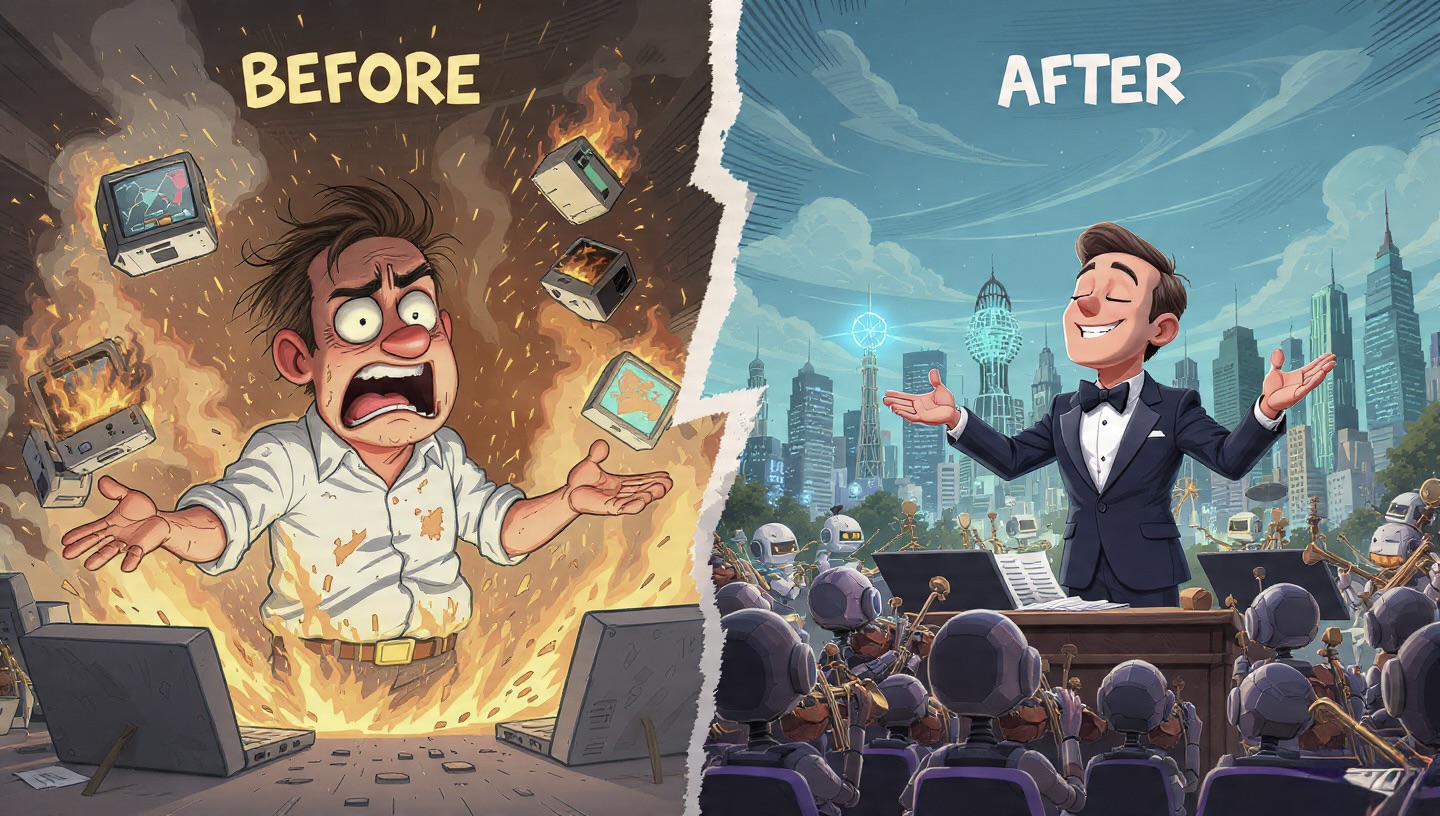 Comparación entre el mito del ingeniero 10x estresado y un director de orquesta de IA liderando un equipo 100x de agentes robot.