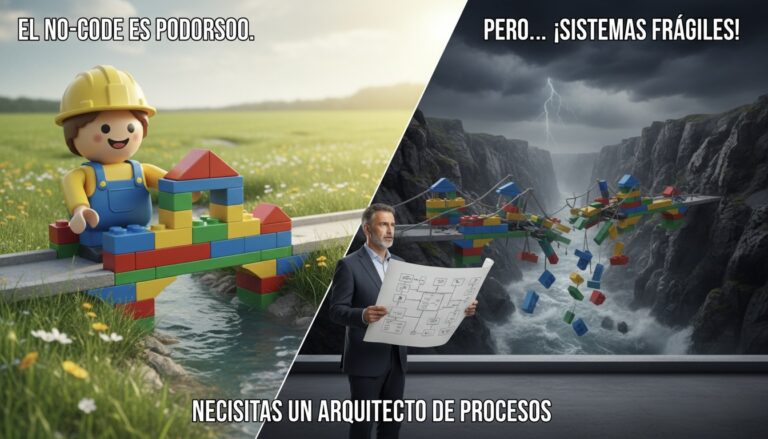 Ilustración de un 'citizen developer' construyendo un 'camino feliz' con bloques que se derrumba en el 'camino infeliz', mientras un arquitecto de procesos observa.