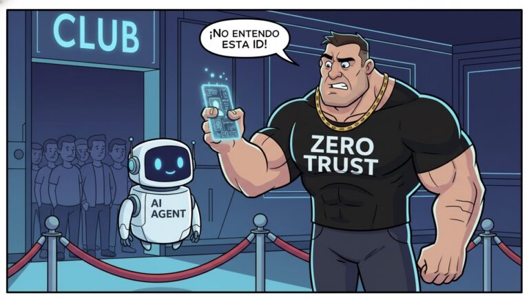 Ilustración de un guardia de seguridad representando la Confianza Cero, confundido al revisar la identidad de un Agente de IA, demostrando la necesidad de una Prueba de Agencia.