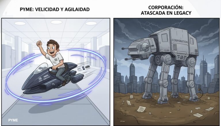 Ilustración de una PYME ágil como una speeder bike superando a una corporación lenta en la carrera de la IA.