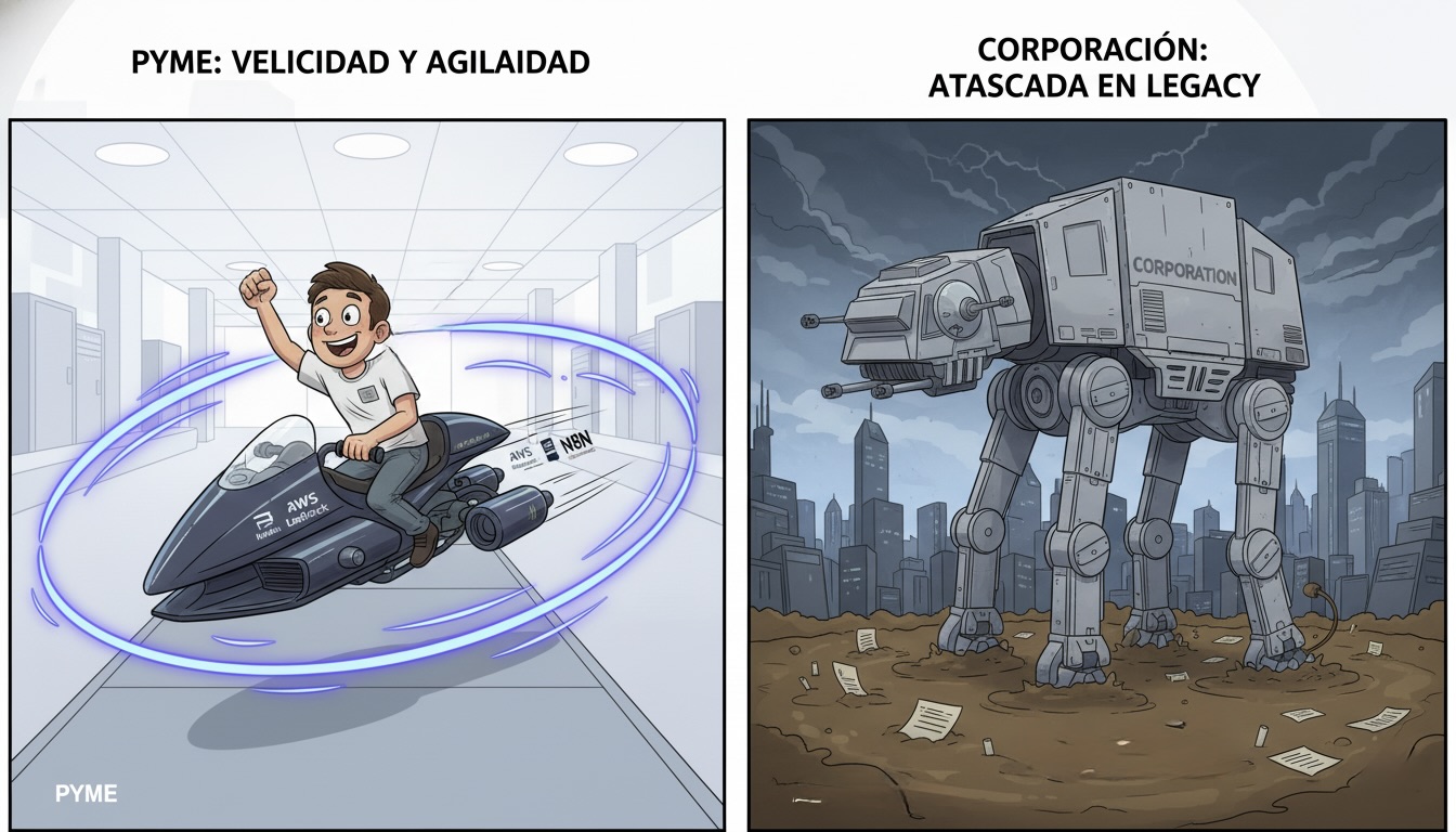 Ilustración de una PYME ágil como una speeder bike superando a una corporación lenta en la carrera de la IA.