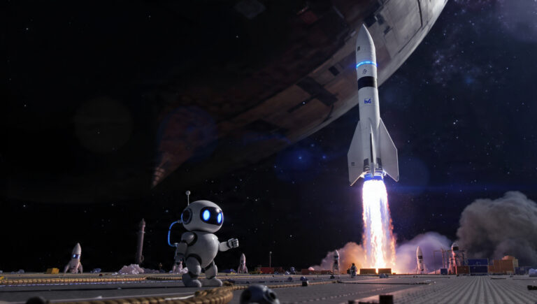 Ilustración cartoon de una PYME-cohete despegando con un agente de IA, mientras otras PYMES se quedan atrás en la carrera tecnológica.