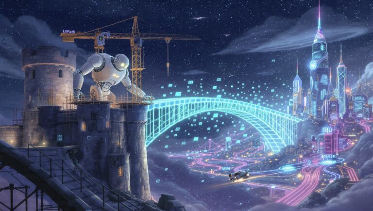 Caricatura conceptual de un robot UiPath construyendo un puente desde un sistema legacy a la nube, en contraste con un robot N8N usando una API moderna.