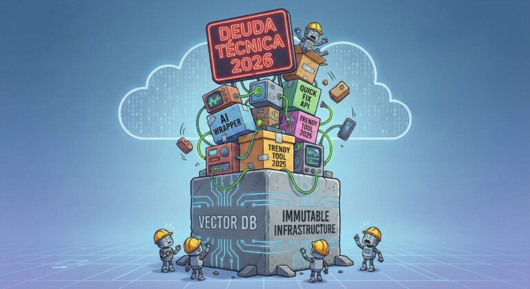 Torre Jenga futurista con base sólida de hormigón y tope inestable de neón representando la deuda técnica del stack tecnológico 2026.