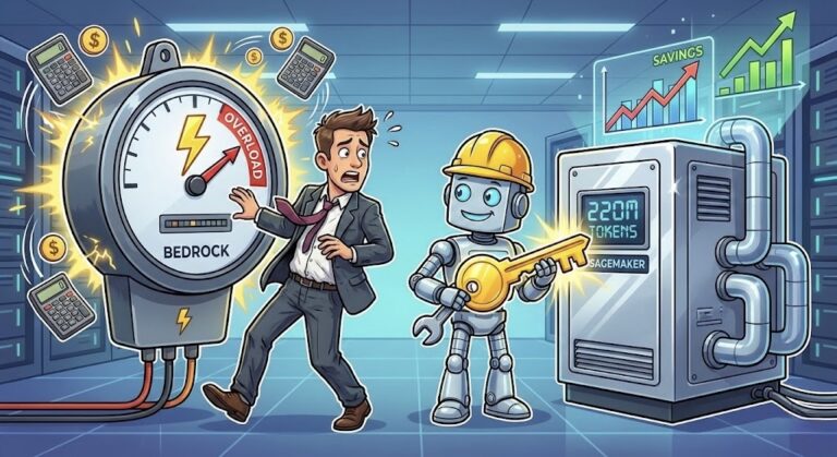 Ilustración cartoon de un oficinista cambiando un medidor de energía por un generador industrial, simbolizando el paso de AWS Bedrock a SageMaker al llegar a los 220 millones de tokens.