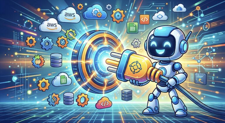 Ilustración estilo cartoon de un robot conectando un estándar universal a diferentes fuentes de datos y servicios de AWS.