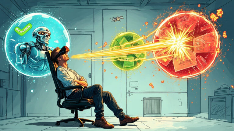 Boceto editorial profesional a color de un ingeniero de operaciones exhausto sentado en una silla giratoria, rodeado de tres burbujas flotantes gigantes. A su izquierda, una burbuja azul muestra un robot RPA sonriente con check verde de 'SUCCESSFUL', pero el robot parece preocupado con gotas de sudor. A su derecha, una burbuja roja muestra servidores en crisis con gráficas de latencia disparada y correos marcados como 'URGENTE'. En la burbuja del medio (verde), el ingeniero con expresión de confusión existencial mira a través de un visor mágico de reality capture que funde las tres burbujas en una sola línea dorada continua, representando OpenTelemetry. Pequeños drones y asteroides de datos fluyen a través de la línea dorada. Fondo minimalista con líneas de perspectiva arquitectónica, estilo Cartoon editorial premium.