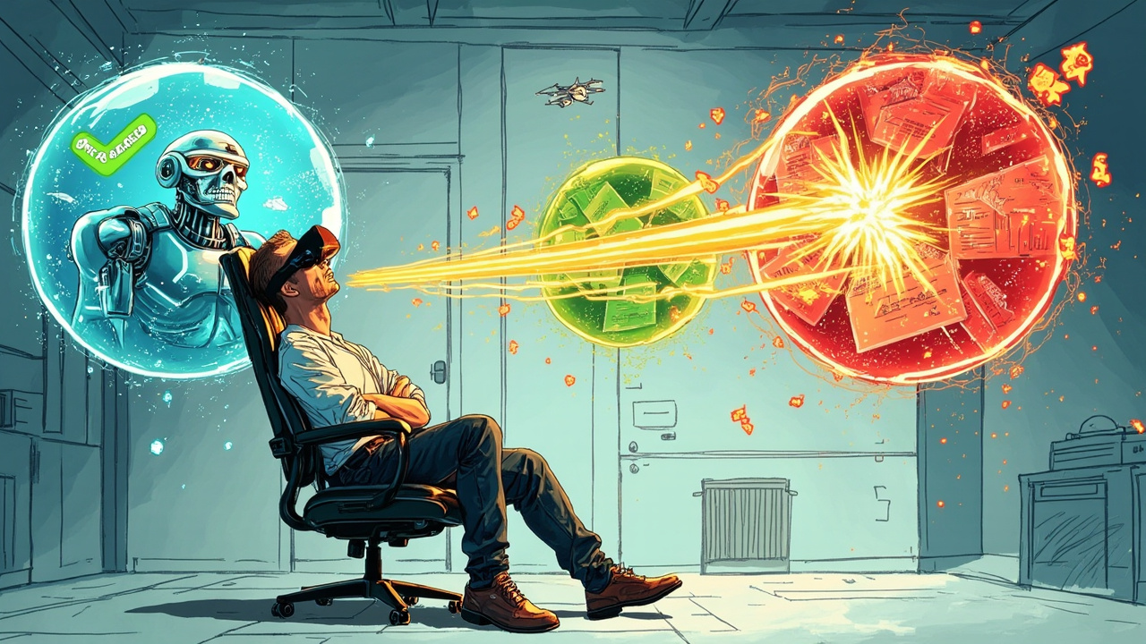 Boceto editorial profesional a color de un ingeniero de operaciones exhausto sentado en una silla giratoria, rodeado de tres burbujas flotantes gigantes. A su izquierda, una burbuja azul muestra un robot RPA sonriente con check verde de 'SUCCESSFUL', pero el robot parece preocupado con gotas de sudor. A su derecha, una burbuja roja muestra servidores en crisis con gráficas de latencia disparada y correos marcados como 'URGENTE'. En la burbuja del medio (verde), el ingeniero con expresión de confusión existencial mira a través de un visor mágico de reality capture que funde las tres burbujas en una sola línea dorada continua, representando OpenTelemetry. Pequeños drones y asteroides de datos fluyen a través de la línea dorada. Fondo minimalista con líneas de perspectiva arquitectónica, estilo Cartoon editorial premium.