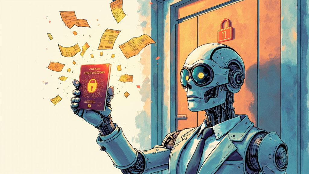 Boceto editorial a color de un elegante agente de IA con estética de robot corporativo sofisticado, sosteniendo en alto un pasaporte digital brillante con códigos QR y patrones blockchain. Está parado frente a una enorme puerta corporativa blindada que muestra el símbolo de un candado con cara confundida. A su alrededor flotan pequeños íconos de contratos, facturas y símbolos de aprobación en espera. El estilo combina líneas limpias de tinta editorial con texturas vibrantes de rotulador Copic, composición cinematográfica 16:9 con espacio negativo elegante.