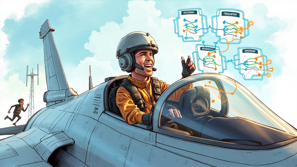 Boceto editorial profesional a color de un desarrollador-piloto estilizado sentado en el cockpit de un caza futurista de última generación. En el panel de instrumentos integrado brillan visualizaciones de grafos de ramas Git con nodos y conexiones en azul vibrante. El piloto señala sonriente hacia tres pantallas flotantes que muestran operaciones de Revert, Reset y Commit. En el fondo, dos figuras pequeñas corretean fuera del avión hacia una antena externa, representando el antiguo flujo de trabajo. Estilo caricatura editorial con texturas Copic marker, líneas de tinta limpias y iluminación cinematográfica.