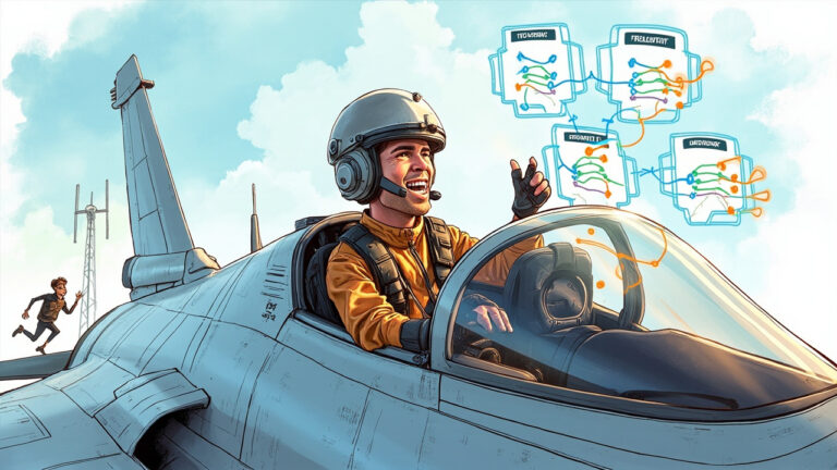 Boceto editorial profesional a color de un desarrollador-piloto estilizado sentado en el cockpit de un caza futurista de última generación. En el panel de instrumentos integrado brillan visualizaciones de grafos de ramas Git con nodos y conexiones en azul vibrante. El piloto señala sonriente hacia tres pantallas flotantes que muestran operaciones de Revert, Reset y Commit. En el fondo, dos figuras pequeñas corretean fuera del avión hacia una antena externa, representando el antiguo flujo de trabajo. Estilo caricatura editorial con texturas Copic marker, líneas de tinta limpias y iluminación cinematográfica.