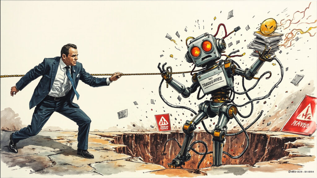 Boceto editorial profesional a color mostrando a un CTO sofisticado con traje elegante sosteniendo con firmeza una correa resistente etiquetada 'HITL' que controla a un robot/caricatura mecánica expresiva y enérgica. El robot intenta escapar mientras sostiene un disco dorado de transacciones financieras y una pila de documentos de datos sensibles. Abajo se abre un abismo oscuro con símbolos de GDPR y alertas rojas. Estilo caricatura editorial premium con texturas Copic.