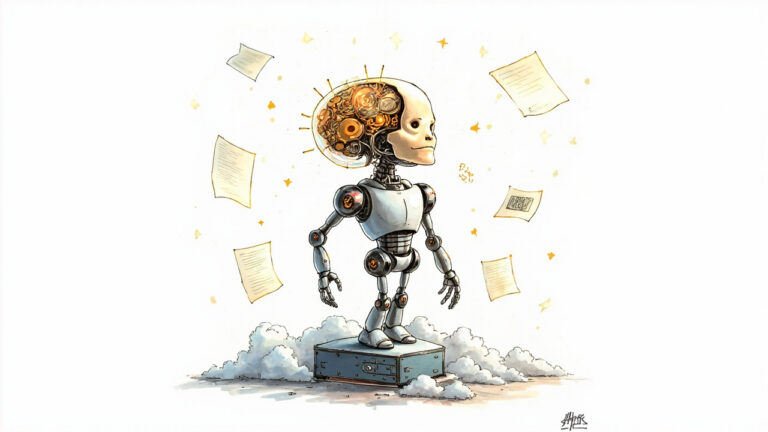 Boceto editorial profesional a color de un robot ejecutivo elegante con el cráneo transparente mostrando un cerebro mecánico de engranajes brillantes interconectados representando memoria persistente. El robot está parado sobre una plataforma de servidores en la nube con el logo de AWS estilizado integrado. A su alrededor flotan pequeñas ventanas holográficas con documentos y datos que el robot recuerda sin necesidad de repetirlos, capturando el concepto del Stateful Runtime Environment donde la IA mantiene contexto sin re-procesar información. Estilo caricatura editorial sofisticada, texturas de marcadores Copic y acuarela digital, líneas de tinta limpias, paleta vibrante pero profesional, iluminación cinematográfica, fondo negativo blanco minimalista, 16:9.