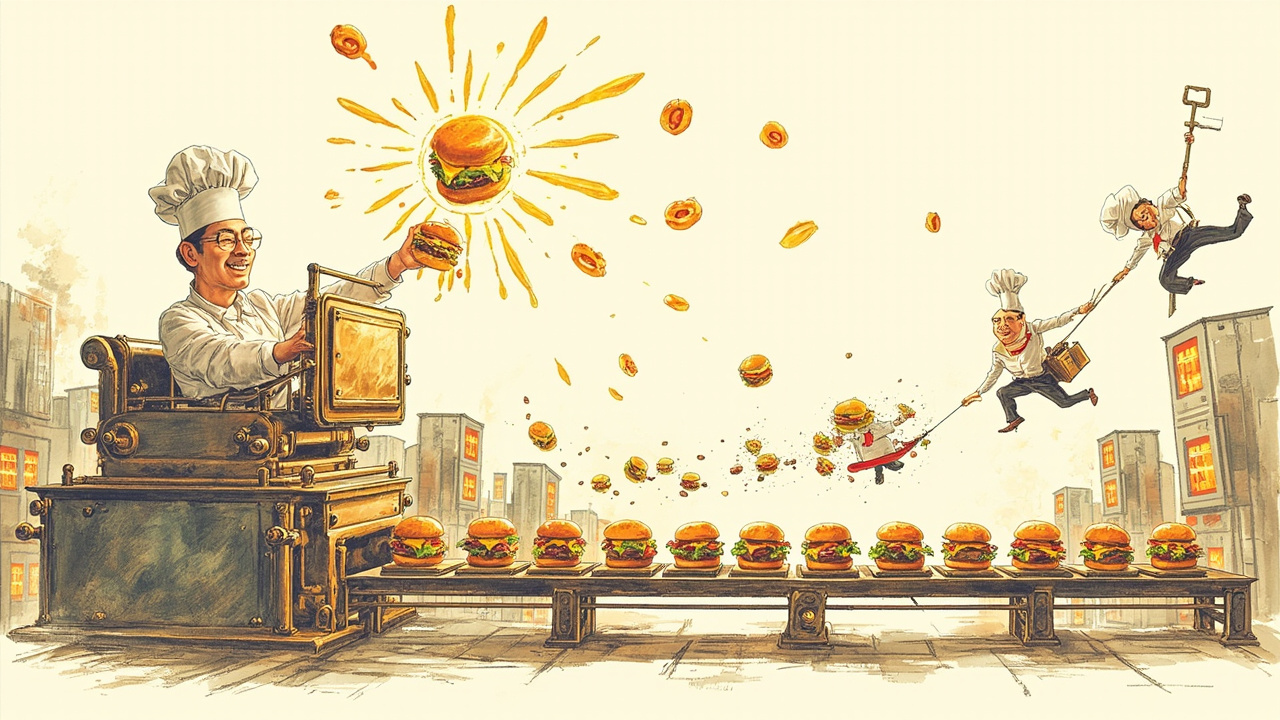 Caricatura editorial profesional a color: un arquitecto cloud estilizado con mandil de chef sostiene orgullosamente una hamburguesa dorada y brillante sobre un pedestal. A su alrededor, una prensa mecánica gigante y elegante stampa clones perfectos e idénticos de la hamburguesa en una fila de bandejas que viajan por una cinta transportadora hacia ventanas de cocina etiquetadas con íconos de ciudades globales como Nueva York, Tokio y Londres. En primer plano, un enorme llavero dorado con una sola llave maestra abre simultáneamente varios candados idénticos sobre cada bandeja. En el extremo opuesto, un chef caricaturesco exhausto carga una maleta y viaja en avión de cocina en cocina, rodeado de hamburguesas todas diferentes, simbolizando el caos del proceso manual. Boceto digital profesional, texturas de rotuladores Copic vibrantes, fondo minimalista blanco-crema, estilo caricatura editorial de alto nivel, sin texto.