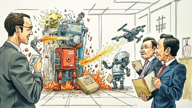 Boceto editorial profesional a color mostrando una escena caótica en una oficina corporativa donde múltiples robots de IA trabajan de forma desarticulada y contradictoria. Un robot dispara agua sobre un servidor mientras otro intenta apagarlo con fuego, un dron entrega paquetes al interior de cajas fuertes abiertas, cables de datos se cruzan peligrosamente sobre tuberías de agua, y en el fondo un ejecutivo observa aterrorizado con una libreta de auditoría vacía. Estilo caricatura editorial de alta gama con texturas de rotuladores Copic.