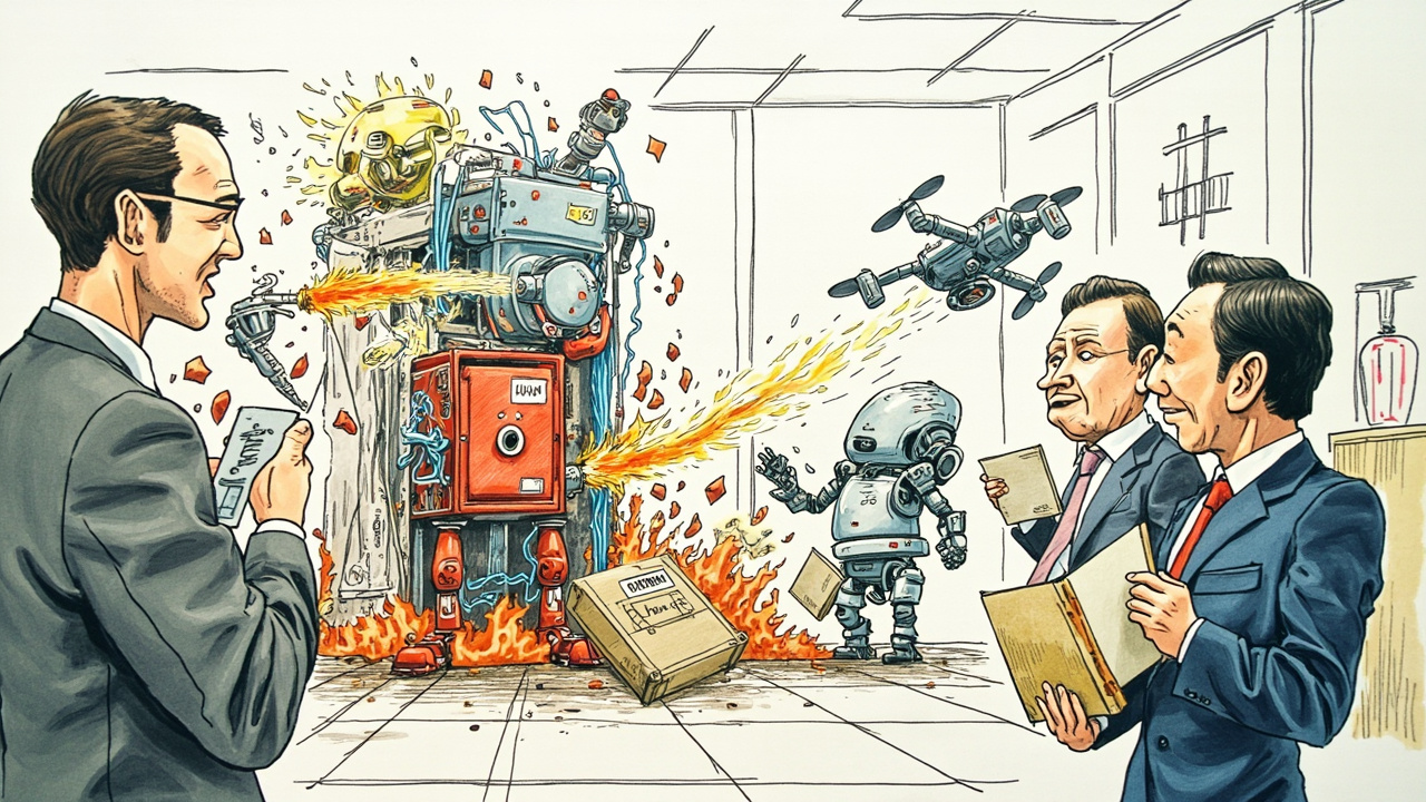 Boceto editorial profesional a color mostrando una escena caótica en una oficina corporativa donde múltiples robots de IA trabajan de forma desarticulada y contradictoria. Un robot dispara agua sobre un servidor mientras otro intenta apagarlo con fuego, un dron entrega paquetes al interior de cajas fuertes abiertas, cables de datos se cruzan peligrosamente sobre tuberías de agua, y en el fondo un ejecutivo observa aterrorizado con una libreta de auditoría vacía. Estilo caricatura editorial de alta gama con texturas de rotuladores Copic.