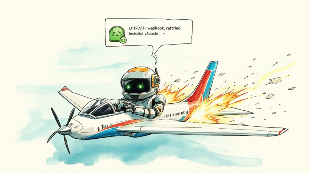 Boceto editorial profesional a color mostrando un robot estilizado estilo UiPath dentro de la cabina de un avión corporativo de papel, alarmado al descubrir que uno de los motores está fallando con chispas mientras el indicador del panel muestra erroneamente una sonrisa verde. Una notificación de webhook con el evento 'QueueItem.retried' brilla sobre el robot revelando la falla invisible. Técnicas Copic marker y acuarela digital, estilo caricatura editorial de alta gama, líneas limpias, iluminación cinematográfica, fondo minimalista con nubes sutiles.