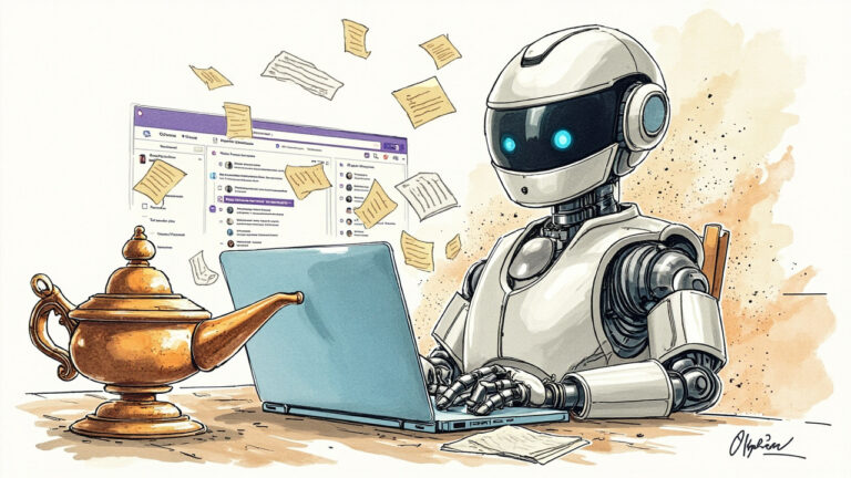 Boceto editorial profesional a color mostrando un robot de IA elegante y moderno emergiendo orgánicamente de una interfaz de Microsoft Teams como si fuera un empleado más del equipo. A un lado, una lámpara mágica clásica oxidadasímbolo del pasado tecnológico. El robot tiene expresión competente y profesional, sosteniendo documentos y rodeado de datos flotantes. Estilo caricatura editorial de alta gama con líneas de tinta limpias, texturas de rotulador Copic y iluminación cinematográfica.