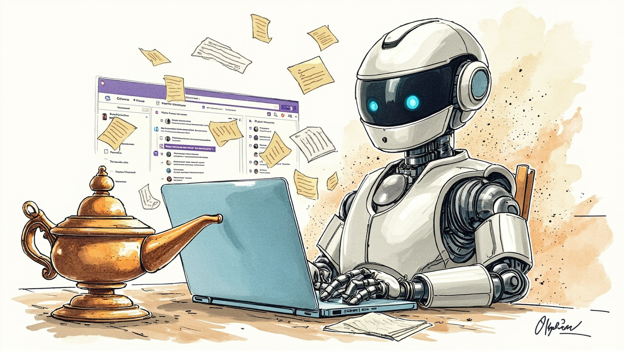 Boceto editorial profesional a color mostrando un robot de IA elegante y moderno emergiendo orgánicamente de una interfaz de Microsoft Teams como si fuera un empleado más del equipo. A un lado, una lámpara mágica clásica oxidadasímbolo del pasado tecnológico. El robot tiene expresión competente y profesional, sosteniendo documentos y rodeado de datos flotantes. Estilo caricatura editorial de alta gama con líneas de tinta limpias, texturas de rotulador Copic y iluminación cinematográfica.
