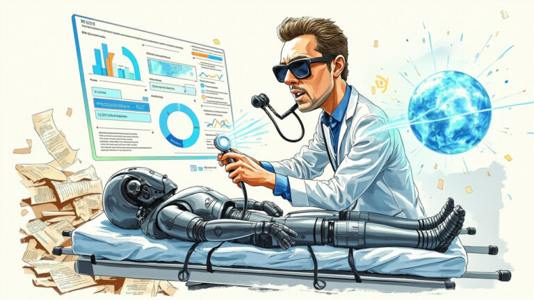 Boceto editorial profesional a color de un elegante robot antropomórfico recostado en una camilla de hospital mientras un desarrollador con bata de médico usa un estetoscopio digital conectado directamente a una pantalla holográfica que muestra dashboards limpios de UiPath. A un lado, una pila de papeles con líneas de código y logs desordenados colapsa. Al otro lado, un agente de IA flotante con ondas de comunicación ofrece soluciones. Estilo caricatura editorial sofisticada con texturas Copic marker y iluminación cinematográfica.
