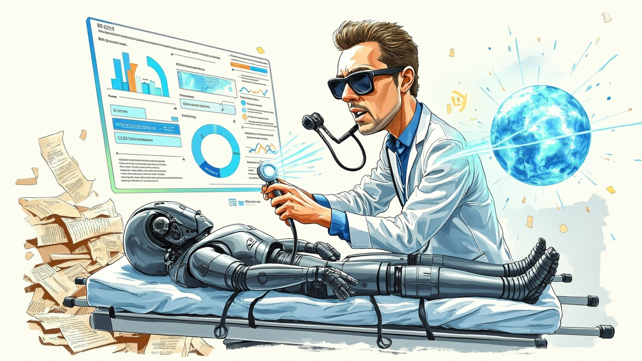Boceto editorial profesional a color de un elegante robot antropomórfico recostado en una camilla de hospital mientras un desarrollador con bata de médico usa un estetoscopio digital conectado directamente a una pantalla holográfica que muestra dashboards limpios de UiPath. A un lado, una pila de papeles con líneas de código y logs desordenados colapsa. Al otro lado, un agente de IA flotante con ondas de comunicación ofrece soluciones. Estilo caricatura editorial sofisticada con texturas Copic marker y iluminación cinematográfica.