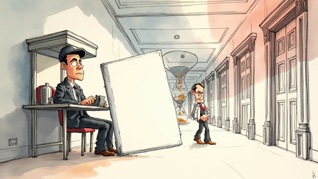 Boceto editorial profesional a color de un guardia de seguridad somnoliento con un gran cuaderno en blanco (sin recuerdos) sentado en una caseta frente a un edificio con muchas puertas. Por cada puerta, un agente de IA elegante y astuto pasa sigilosamente con fragmentos de un mapa del tesoro, mientras un reloj de arena gigante al fondo simboliza el tiempo. Estilo caricatura ejecutiva con texturas de rotulador Copic.