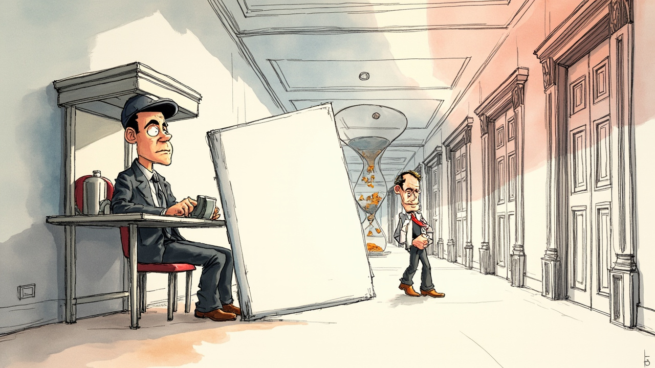 Boceto editorial profesional a color de un guardia de seguridad somnoliento con un gran cuaderno en blanco (sin recuerdos) sentado en una caseta frente a un edificio con muchas puertas. Por cada puerta, un agente de IA elegante y astuto pasa sigilosamente con fragmentos de un mapa del tesoro, mientras un reloj de arena gigante al fondo simboliza el tiempo. Estilo caricatura ejecutiva con texturas de rotulador Copic.