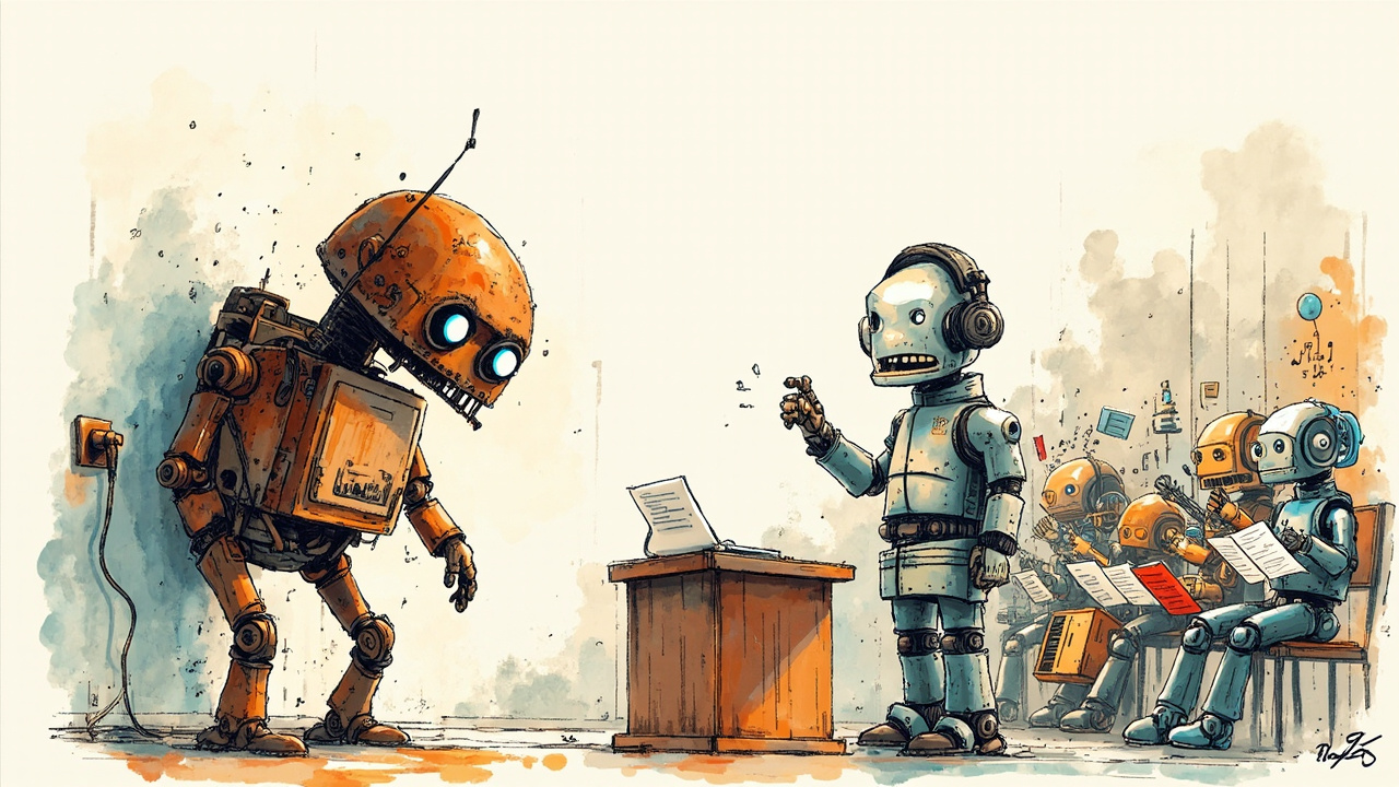 Caricatura editorial profesional a color estilo boceto digital: un robot clásico oxidado con ojos de tuerca está siendo desenchufado y reemplazado por un agente elegante y brillante con auriculares, de pie frente a un podio de director de orquesta desde donde dirige a una sinfonía de robots más pequeños que tocan diferentes instrumentos (hojas de cálculo, documentos PDF, engranajes), con un taller de Silicon Valley minimalista al fondo, sin texto."