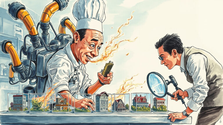 Boceto editorial profesional a color de un chef caricaturesco con sombrero alto de estrella Michelin cocinando frenéticamente con múltiples brazos robóticos futuristas en una cocina de acero, mientras un inspector de seguridad con lupa gigantesca examina cada plato en miniatura dentro de pequeñas cajas de cristal tipo diorama antes de salir por una puerta, con expresiones de concentración extrema, estilo caricatura ejecutiva de alta gama.