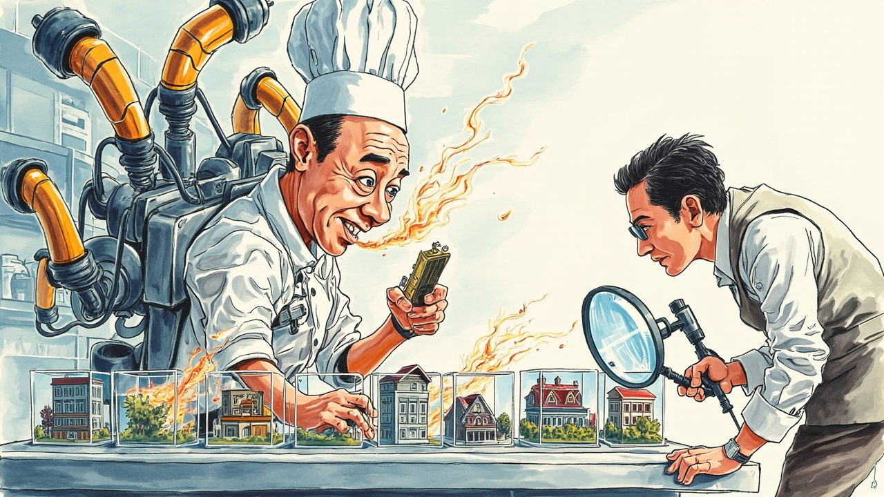 Boceto editorial profesional a color de un chef caricaturesco con sombrero alto de estrella Michelin cocinando frenéticamente con múltiples brazos robóticos futuristas en una cocina de acero, mientras un inspector de seguridad con lupa gigantesca examina cada plato en miniatura dentro de pequeñas cajas de cristal tipo diorama antes de salir por una puerta, con expresiones de concentración extrema, estilo caricatura ejecutiva de alta gama.